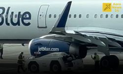 JETBLUE UÇAĞINA YER HİZMETLERİ ARACI ÇARPTI