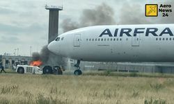 Air France uçağını çeken push back aracı alev aldı