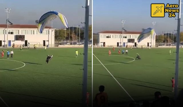 Paraşütle maçın oynandığı futbol sahasına indi!